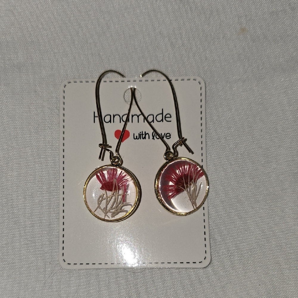 Gold Dangle Earrings with Pink Flower